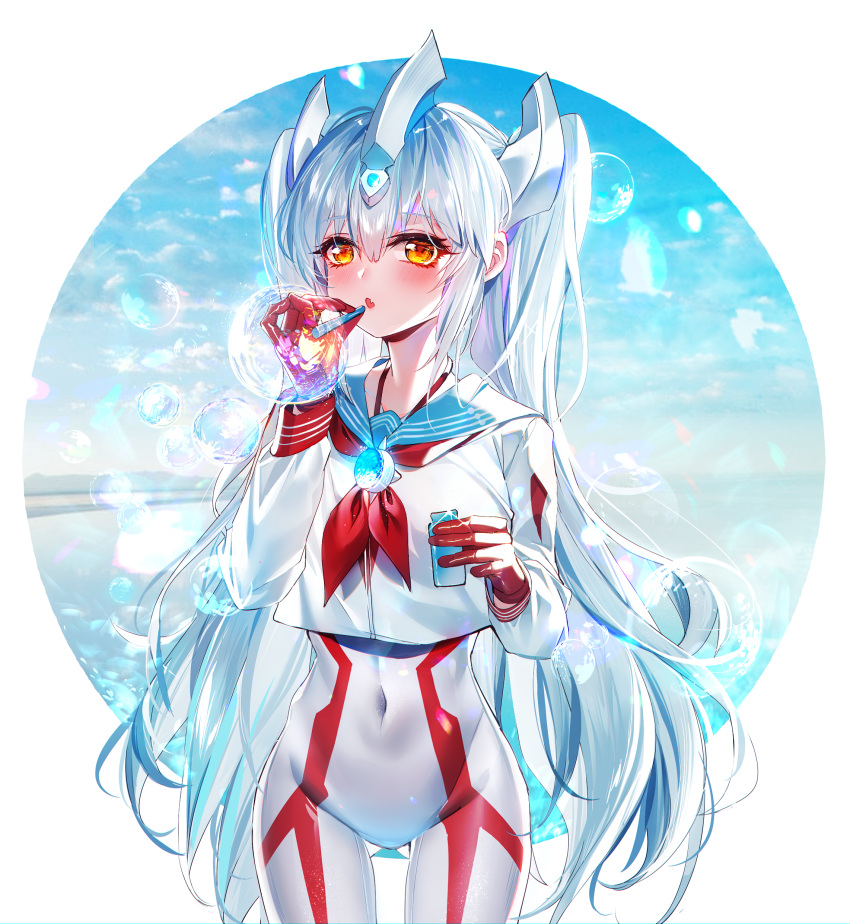 1girl, :o, absurdres, bangs, baocaizi, blue_sailor_collar, blue_sky, blush