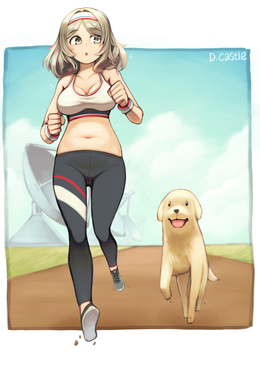 1girl, absurdres, belly, blonde_hair, breasts, dog, dragoncastle, exercise, girls_frontline, highres, k3_(girls_frontline), large_breasts, midriff, navel, pants, running, shoes, sports_bra, sweatband, wristband, yoga_pants