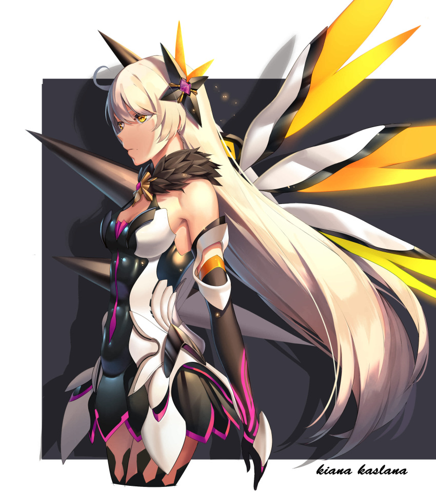 1girl, absurdres, ahoge, armor, armored_dress, ashiro_(pixiv_23777766), bangs, bare_shoulders, breasts, character_name, dark_persona, diamond-shaped_pupils, dress, elbow_gloves, energy_wings, expressionless, eyebrows_visible_through_hair, floating_weapon, fur_collar, gloves, hair_between_eyes, hair_ornament, highres, honkai_(series), honkai_impact_3rd, jewelry, kiana_kaslana, kiana_kaslana_(herrscher_of_the_void), long_hair, looking_afar, medium_breasts, outside_border, polearm, sidelocks, silver_hair, single_elbow_glove, solo, spear, symbol-shaped_pupils, thigh-highs, very_long_hair, weapon, yellow_eyes