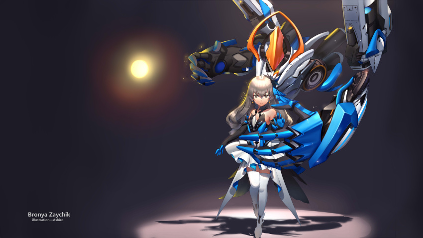 1girl, absurdres, artist_name, ashiro_(pixiv_23777766), bangs, black_gloves, blush, breasts, bronya_zaychik, bronya_zaychik_(herrscher_of_reason), center_opening, character_name, crossed_bangs, dress, drill_hair, earrings, elbow_gloves, full_body, gloves, hair_ornament, hand_up, highres, honkai_(series), honkai_impact_3rd, jewelry, layered_dress, long_hair, looking_at_viewer, project_bunny, quad_drills, silver_hair, small_breasts, solo, thigh-highs, white_legwear