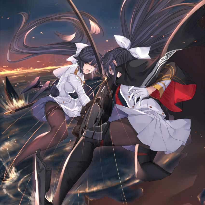 2girls, action, azur_lane, bangs, black_coat, black_hair, black_legwear, bow