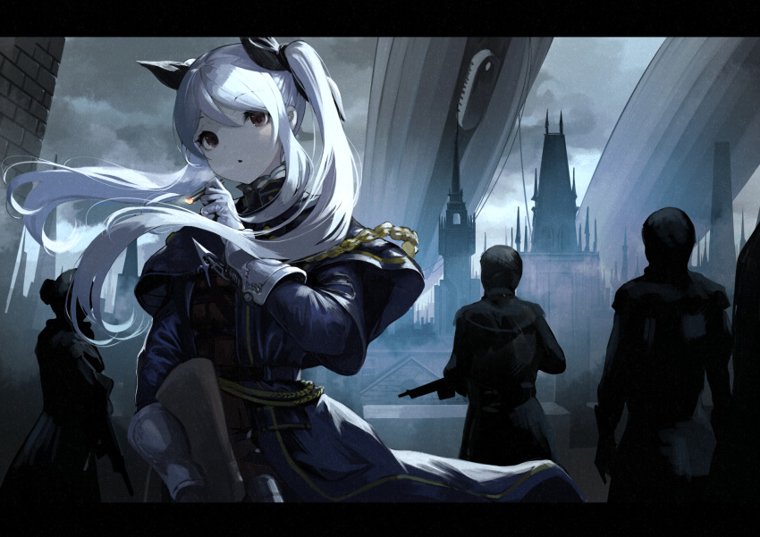 2boys, 2girls, blurry, bow, capelet, cigarette, city, dark