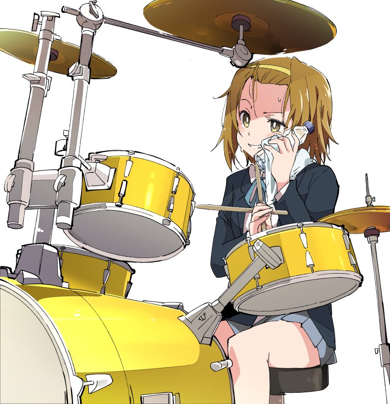 1girl, black_eyes, bottle, brown_eyes, brown_hair, cymbals, drum, drum_set