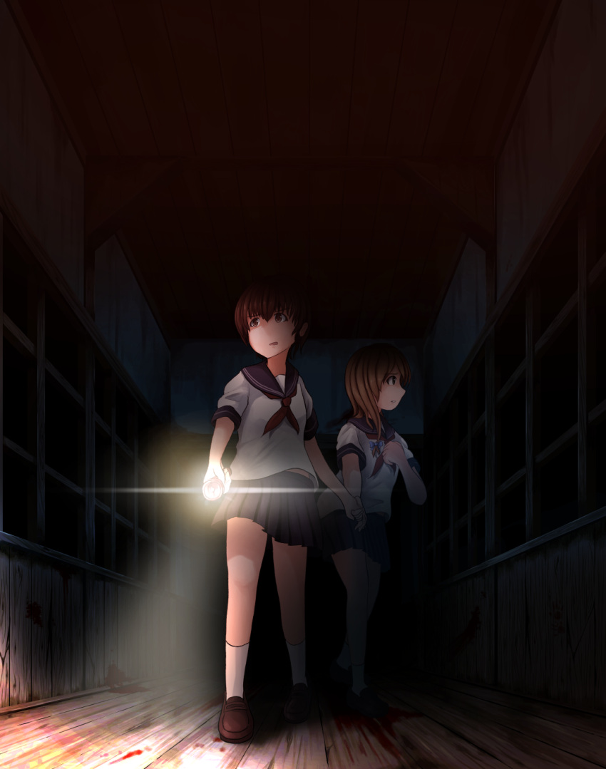 2girls, 99_(hosinosensei), blood, bow, brown_eyes, brown_hair, commentary, dark