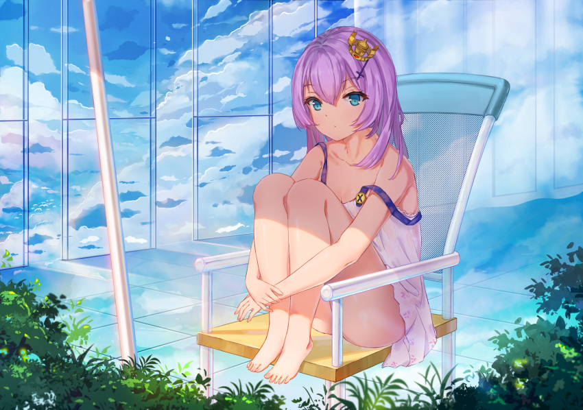 1girl, :o, azur_lane, barefoot, blue_eyes, blue_sky, chair, chinese_commentary