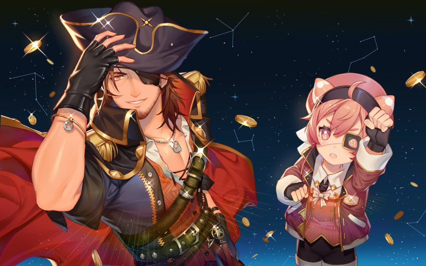 1boy, 1girl, ahoge, arm_up, bangs, belmond_banderas, belt, belt_buckle, black_shorts, blush, brown_eyes, brown_hair, buckle, cape, clenched_hand, coat, coin, commentary, constellation, eyepatch, gloves, hat, henrryxv, highres, long_sleeves, looking_at_viewer, looking_up, nijisanji, open_clothes, open_shirt, partly_fingerless_gloves, pectorals, pink_eyes, pink_hair, pirate_costume, pirate_hat, red_coat, round_teeth, shirt, short_hair, shorts, smile, star, teeth, ushimi_ichigo, virtual_youtuber, white_shirt