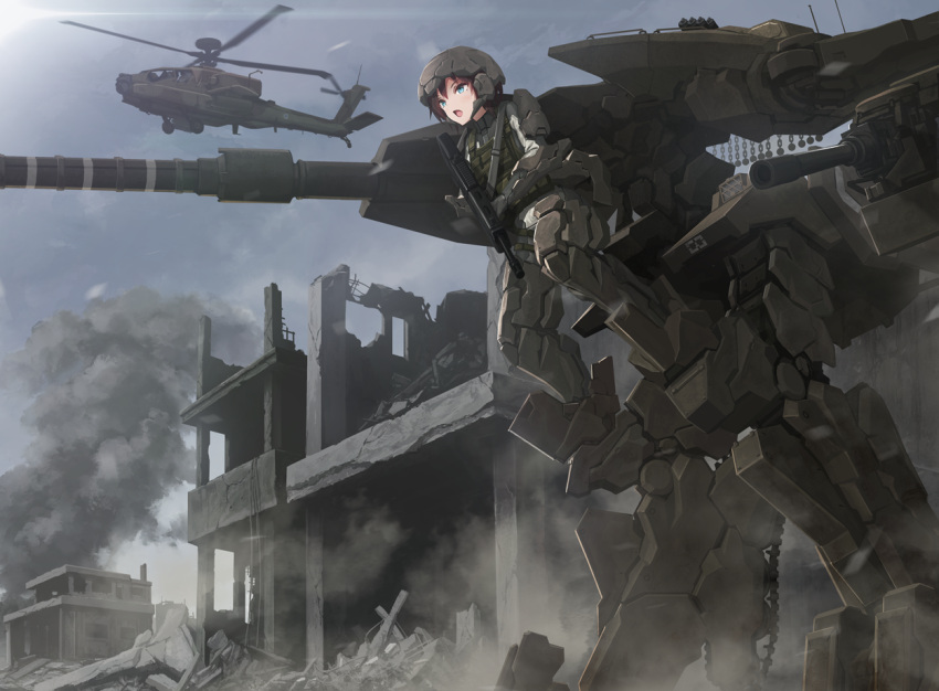 ah-64_apache, aircraft, assault_rifle, brown_hair, city, green_eyes, ground_vehicle, gun