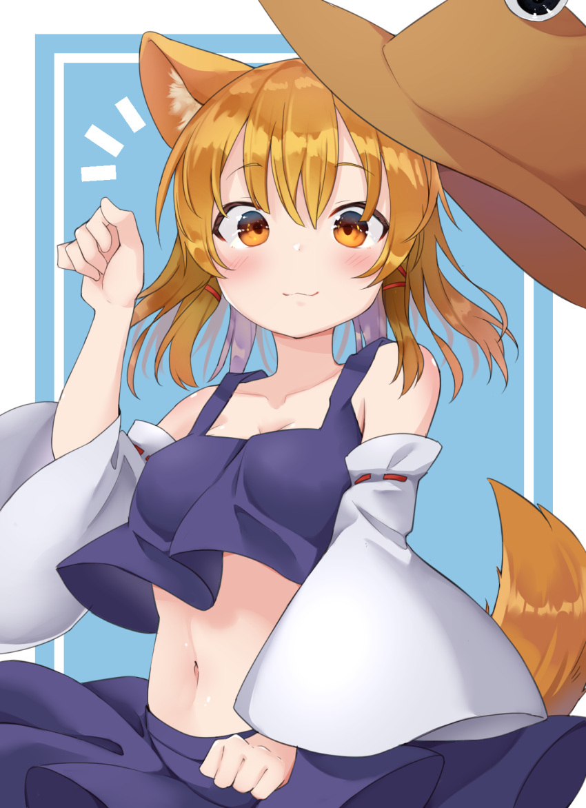 1girl, animal_ears, bare_shoulders, blush, breasts, brown_headwear, clenched_hand, collarbone, cowboy_shot, crop-top, detached_sleeves, fox_ears, fox_girl, fox_tail, highres, long_sleeves, looking_at_viewer, mamemochi, medium_breasts, medium_hair, midriff, moriya_suwako, navel, orange_eyes, orange_hair, shirt_lift, skirt, skirt_set, smile, solo, tail, tank_top, touhou, wind, wind_lift