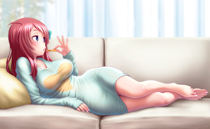 1girl, ahoge, arm_support, bare_legs, barefoot, blue_dress, blue_eyes, blush