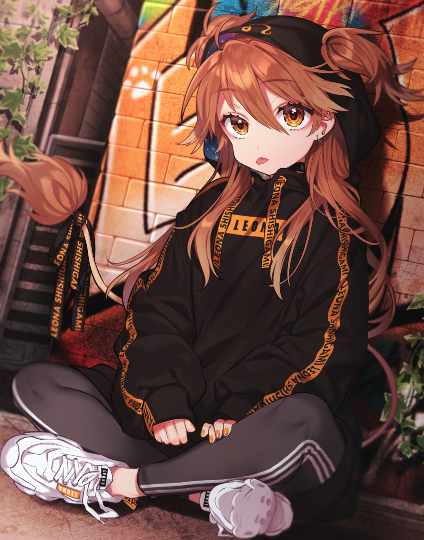 1girl, ahoge, bangs, black_choker, black_hoodie, black_pants, blurry, brick_wall
