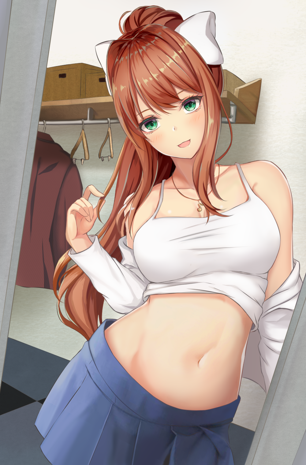 1girl, :d, blue_skirt, blush, bow, breasts, brown_hair, closet