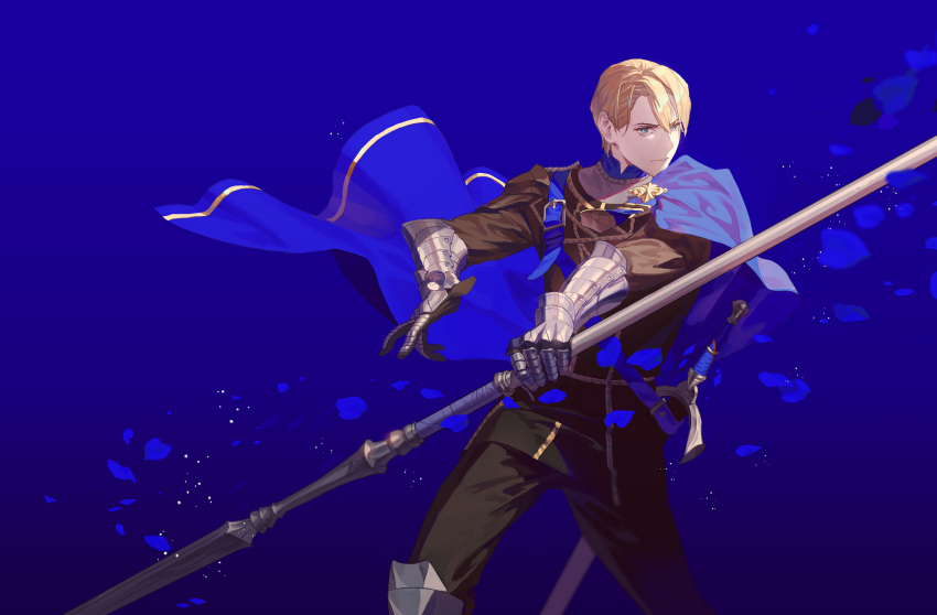1boy, armor, blonde_hair, blue_background, blue_eyes, cape, dimitri_alexandre_bladud, fajyobore323