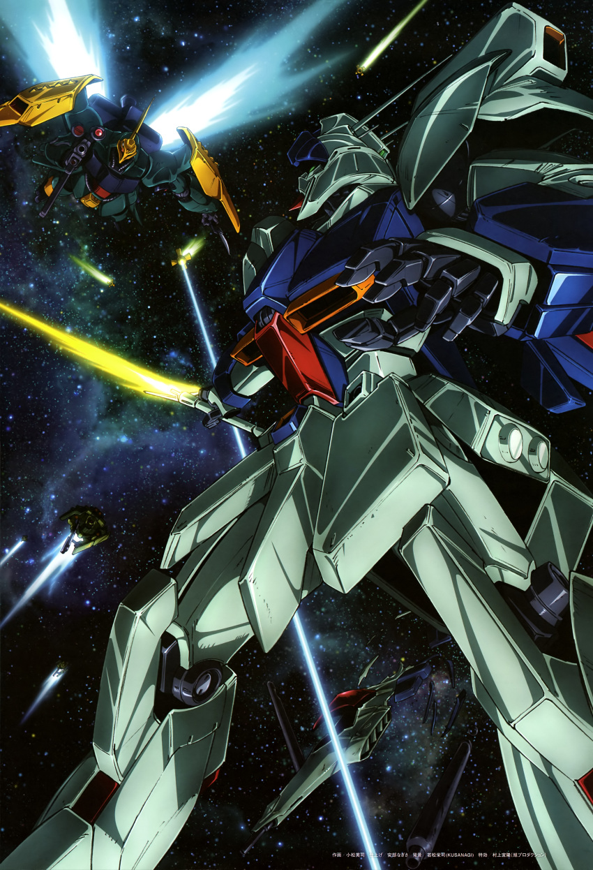 absurdres, beam_rifle, beam_saber, char's_counterattack, debris, energy_gun, energy_sword, funnels