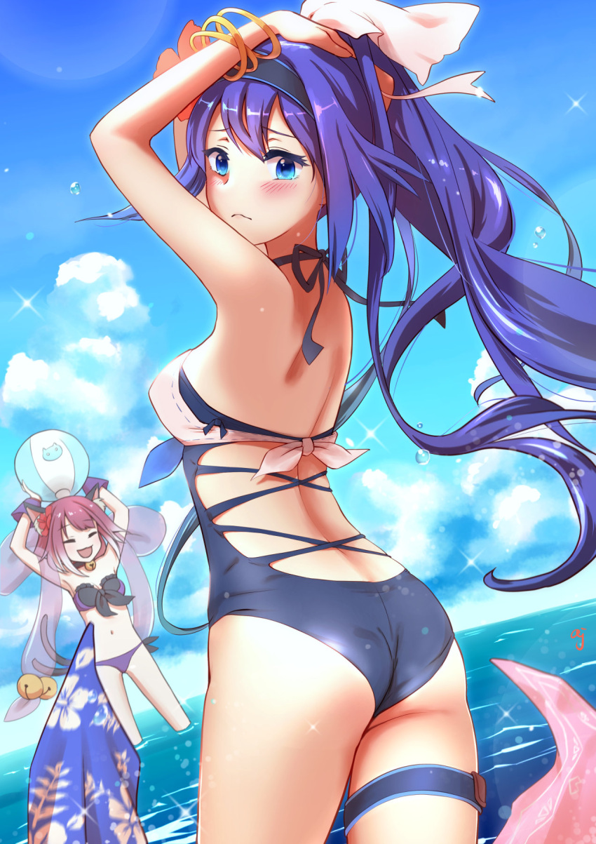 2girls, animal_ears, ass, back, ball, bangs, bare_shoulders, beach