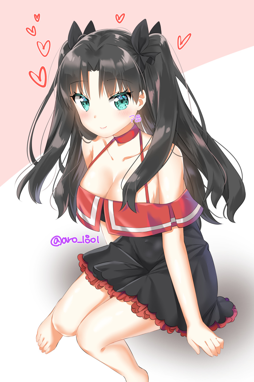 1girl, absurdres, aro_1801, artist_name, bare_shoulders, black_dress, black_hair, black_ribbon
