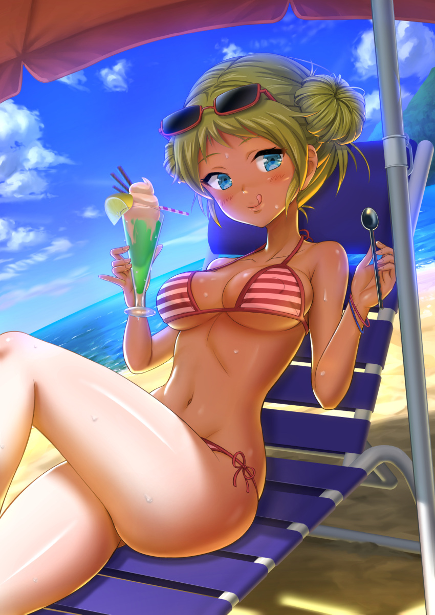 1girl, bangs, beach, beach_umbrella, bikini, blonde_hair, blue_eyes, blue_sky, blush, breasts, cedar_(artist), chair, clouds, collarbone, covered_nipples, day, double_bun, drinking_straw, dripping, dutch_angle, eyewear_on_head, food, fruit, glass, hands_up, highres, holding, ice_cream, knee_up, lemon, lemon_slice, licking_lips, looking_at_viewer, lounge_chair, lying, medium_breasts, navel, ocean, on_back, original, outdoors, red-framed_eyewear, semi-rimless_eyewear, shade, shiny, shiny_skin, short_hair, side-tie_bikini, skindentation, sky, smile, solo, spoon, string_bikini, striped, striped_bikini, sunglasses, swimsuit, tongue, tongue_out, umbrella, under-rim_eyewear, under_boob, wafer_stick, wristband