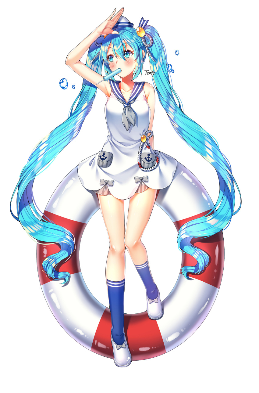 1girl, arm_up, bangs, blue_eyes, blue_hair, blue_legwear, blue_sailor_collar, blush