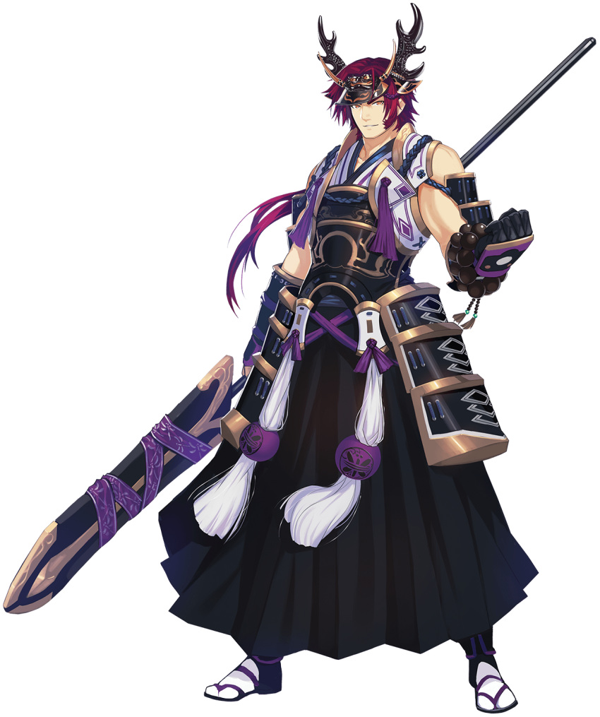 1boy, armor, beads, clenched_hand, full_body, hakama, highres, ishitsu_kenzou