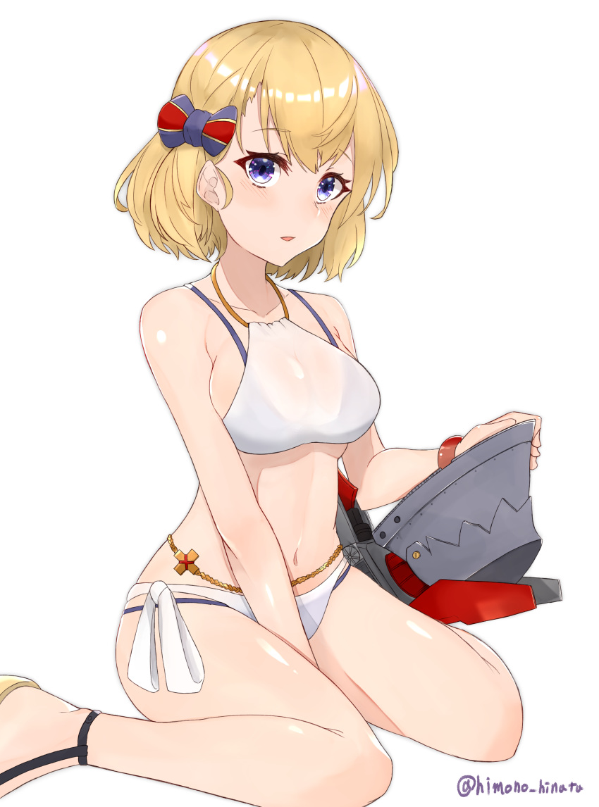 1girl, absurdres, arm_between_legs, azur_lane, bikini, blonde_hair, blue_eyes, blush
