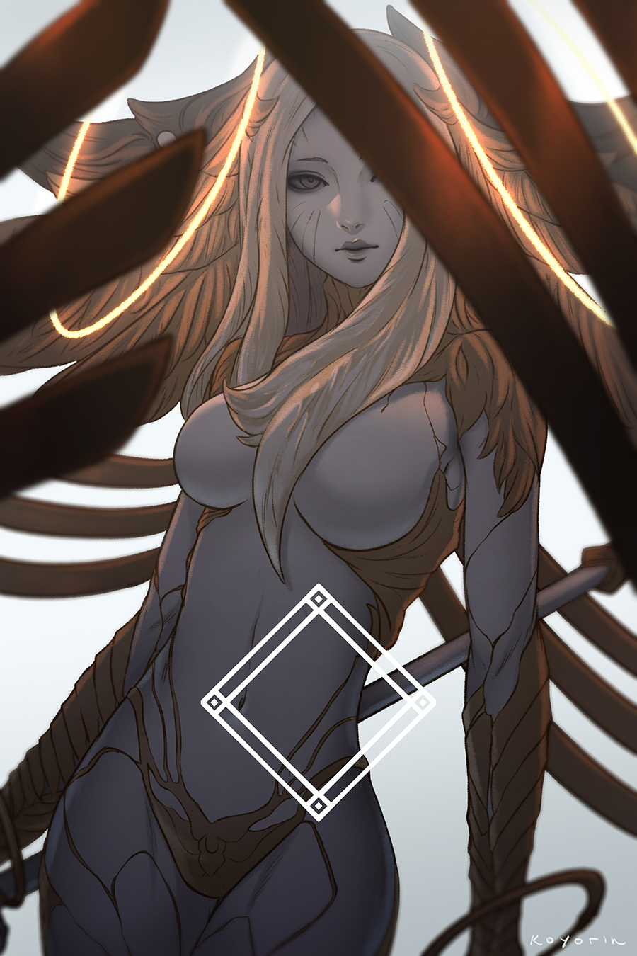 1girl, blonde_hair, blurry_foreground, breasts, closed_mouth, commentary, cowboy_shot, cracked_skin, facial_mark, final_fantasy, final_fantasy_xiv, grey_eyes, highres, koyorin, large_breasts, lips, long_hair, looking_at_viewer, navel, no_nipples, pale_skin, revealing_clothes, signature, sin_eater_(ff14), solo, staff, white_background, wings