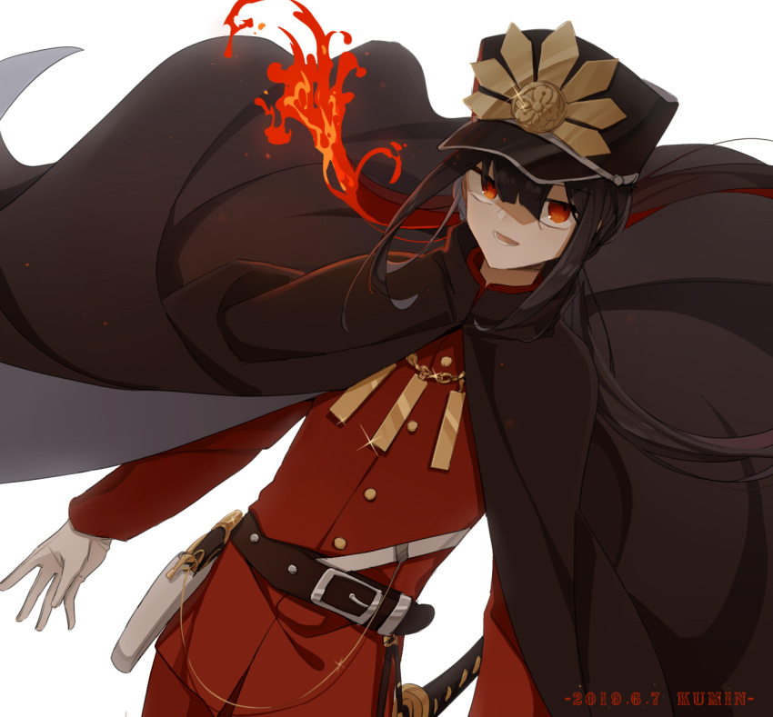 1boy, bangs, belt, belt_buckle, black_hair, buckle, burning, cape_billowing