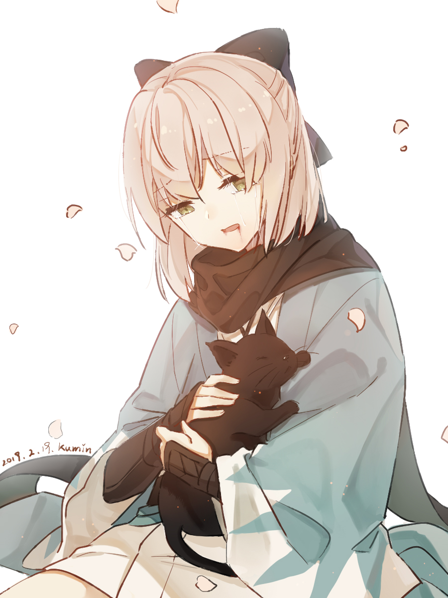 1girl, armor, artist_name, bangs, black_cat, black_ribbon, black_scarf, blonde_hair