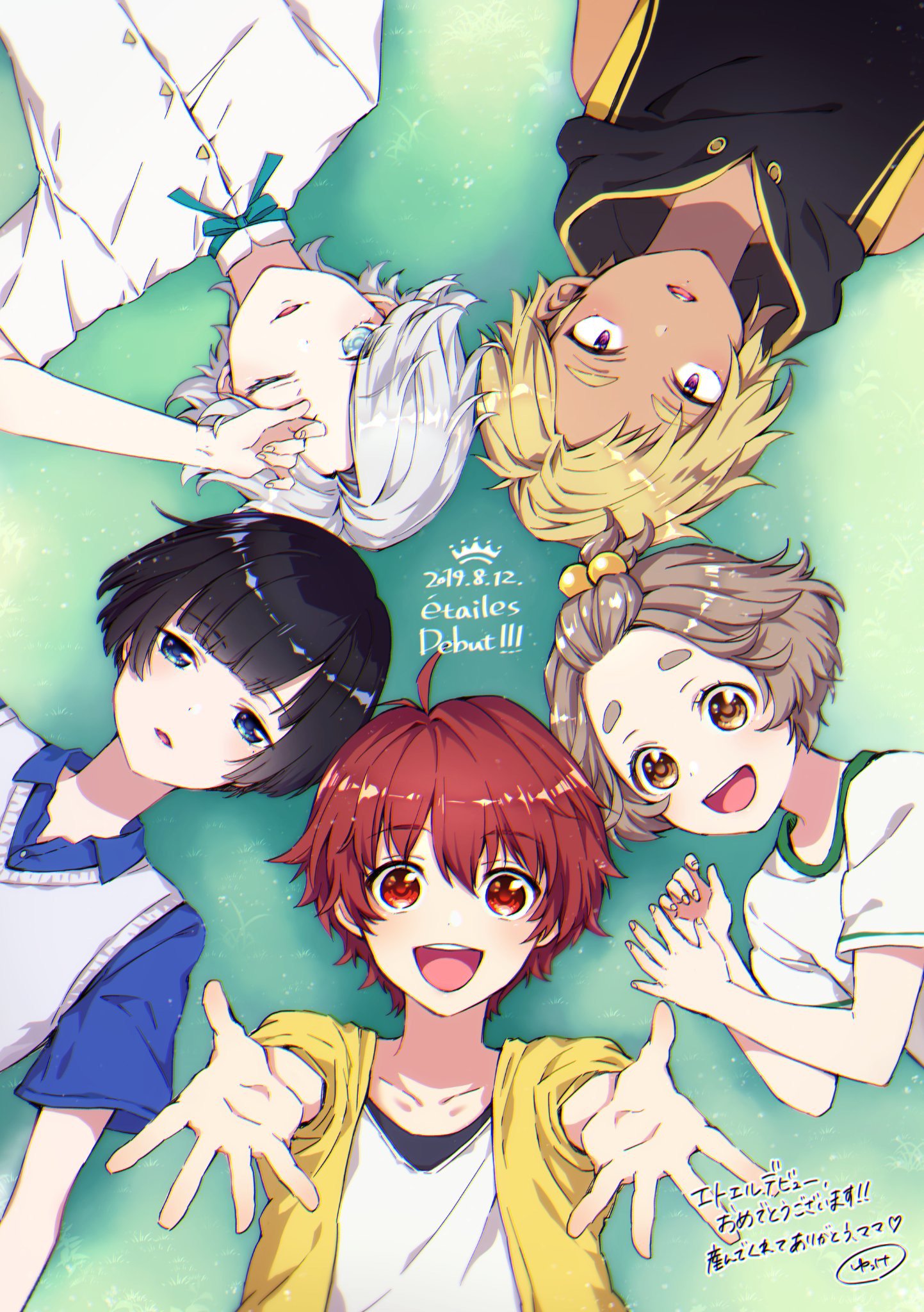 5boys, bangs, black_hair, blonde_hair, blue_eyes, blunt_bangs, casual, circle_formation