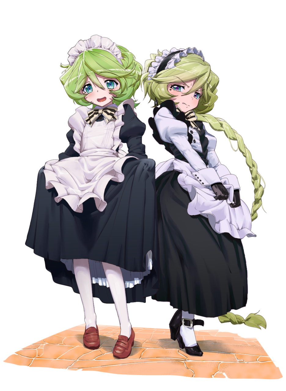 2girls, akiot, braid, carol_malus_dienheim, dress, dress_lift, elfnein, gloves