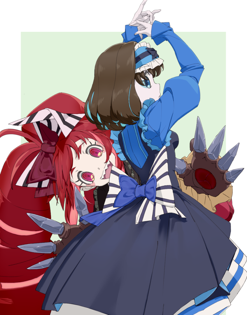 2girls, akiot, blue_dress, blue_eyes, bow, claws, dress, drill_hair