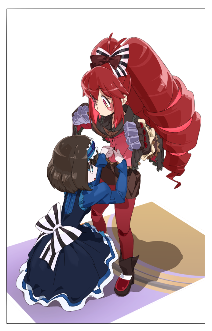 2girls, adjusting_another's_clothes, akiot, blue_dress, bow, brown_hair, buttoning, claws