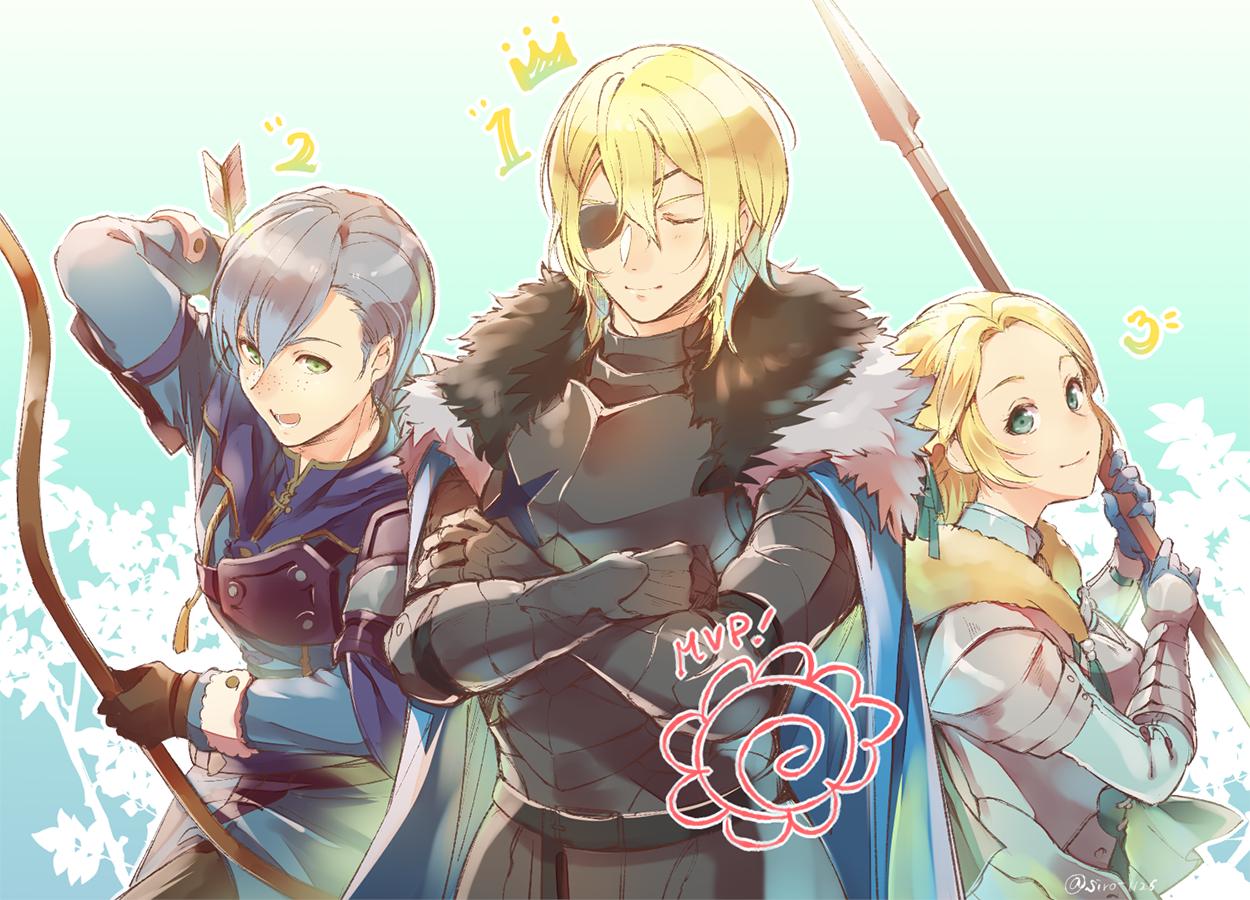 !, 1girl, 2boys, armor, artist_name, ashe_duran, blonde_hair, bow_(weapon), cape, closed_eyes, dimitri_alexandre_bladud, eyepatch, fire_emblem, fire_emblem:_three_houses, flower, freckles, fur_trim, gloves, green_eyes, grey_hair, ingrid_brandol_galatea, leaf, multiple_boys, open_mouth, polearm, short_hair, siro_1126, spear, teeth, weapon
