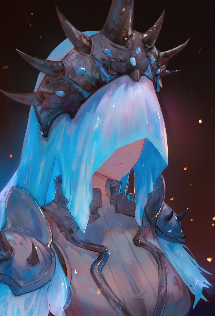 1girl, armor, armored_dress, bangs, blue_hair, breasts, dress, facing_viewer, grey_dress, headpiece, kisei2, long_hair, medium_breasts, monster_hunter, monster_hunter:_world, parted_lips, pauldrons, ribbed_dress, solo, spiked_armor, spikes, upper_body, xeno'jiiva_(armor)