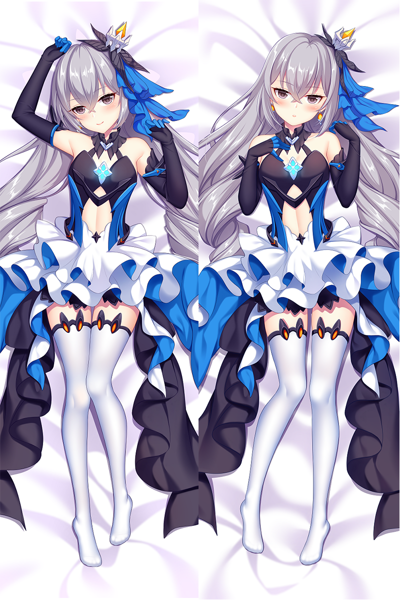 1girl, :o, arm_up, bangs, black_gloves, blush, breasts, bronya_zaychik, bronya_zaychik_(herrscher_of_reason), center_opening, crossed_bangs, dakimakura, dress, drill_hair, earrings, elbow_gloves, eyebrows_visible_through_hair, gloves, hair_ornament, hands_up, head_tilt, highres, honkai_(series), honkai_impact_3rd, jewelry, layered_dress, long_hair, looking_at_viewer, meng_lea, multiple_views, no_shoes, quad_drills, silver_hair, small_breasts, solo, thigh-highs, white_legwear