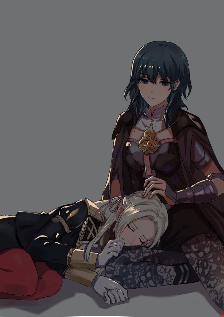 2girls, blonde_hair, blue_eyes, blue_hair, byleth_(fire_emblem), byleth_eisner_(female), cape, closed_eyes