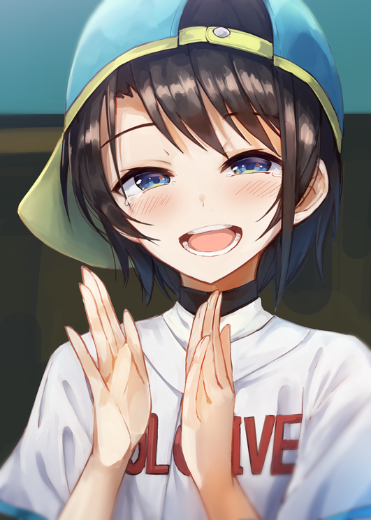 1girl, baseball_cap, baseball_uniform, black_hair, black_shirt, blue_eyes, blush, clapping