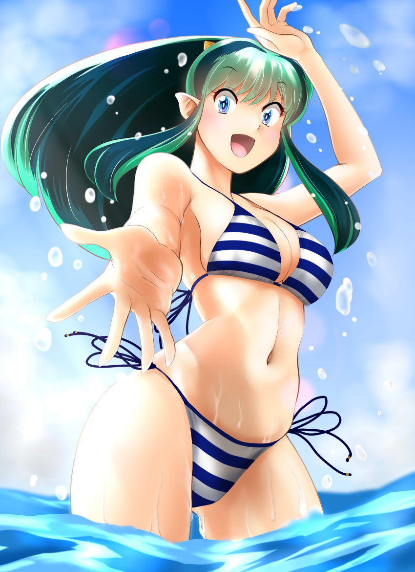 1girl, absurdres, bikini, blue_eyes, blue_sky, breasts, clouds, collarbone