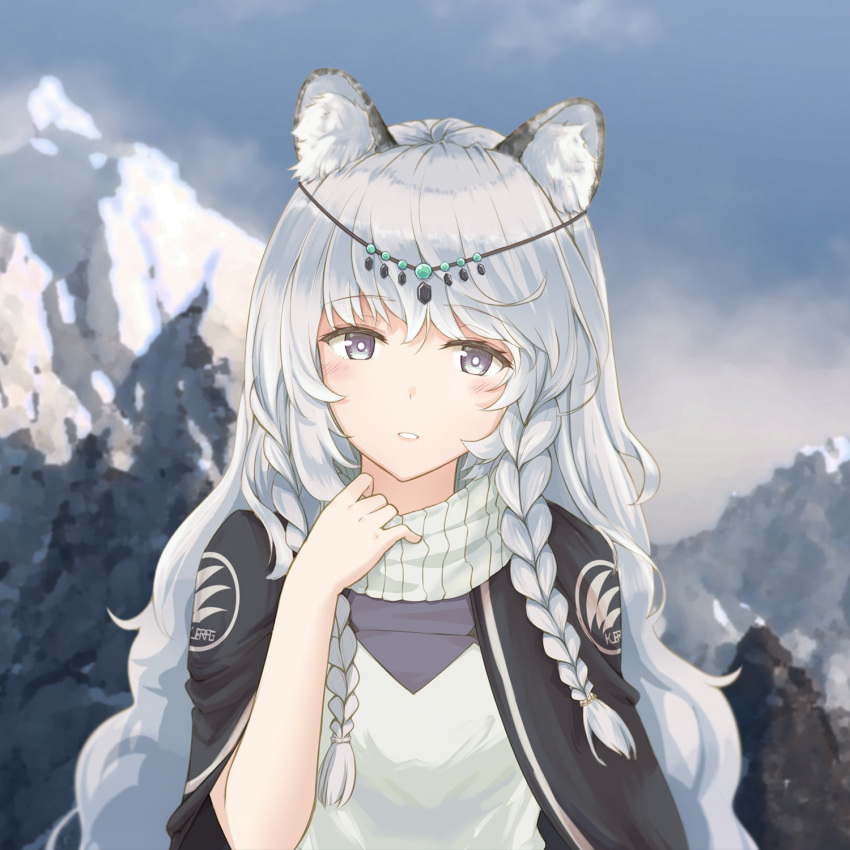 1girl, animal_ear_fluff, animal_ears, arknights, bangs, blue_sky, blush, braid