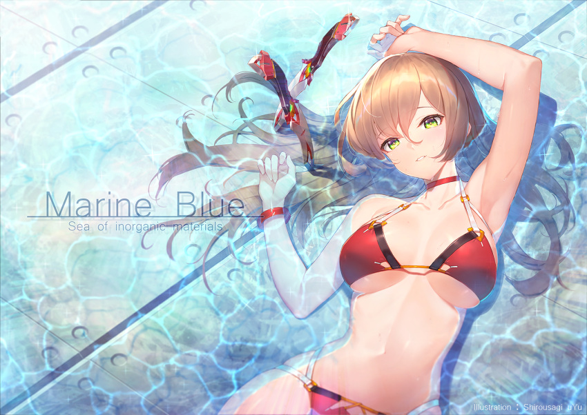 1girl, arm_up, armpits, artist_name, bangs, bare_shoulders, bikini, blush