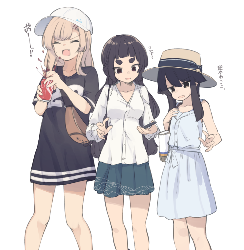3girls, bag, bangs, bare_arms, bare_shoulders, baseball_cap, black_dress, blue_dress