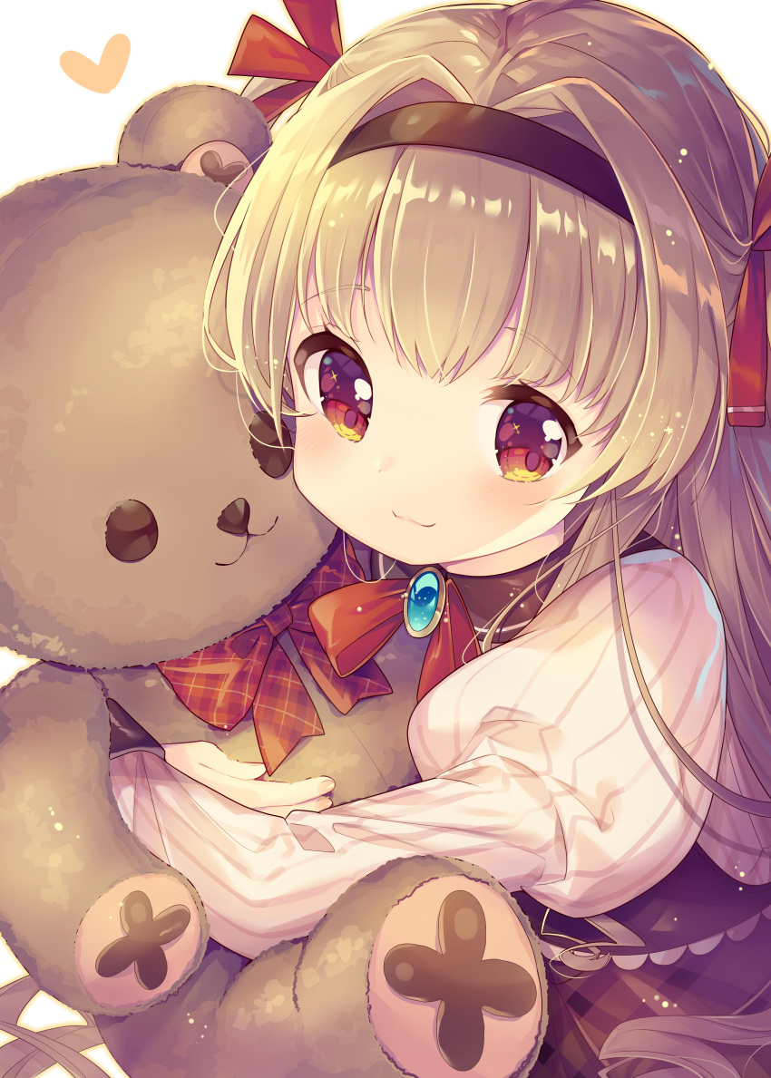 1girl, absurdres, bangs, black_hairband, blush, bow, brooch, brown_dress, brown_hair, closed_mouth, collared_shirt, comitia, commentary_request, dress, eyebrows_visible_through_hair, hair_intakes, hair_ribbon, hairband, heart, highres, ikari_(aor3507), jewelry, juliet_sleeves, long_hair, long_sleeves, looking_at_viewer, object_hug, original, plaid, plaid_bow, puffy_sleeves, red_bow, red_eyes, red_ribbon, ribbon, shirt, simple_background, sleeveless, sleeveless_dress, smile, solo, stuffed_animal, stuffed_toy, teddy_bear, white_background, white_shirt
