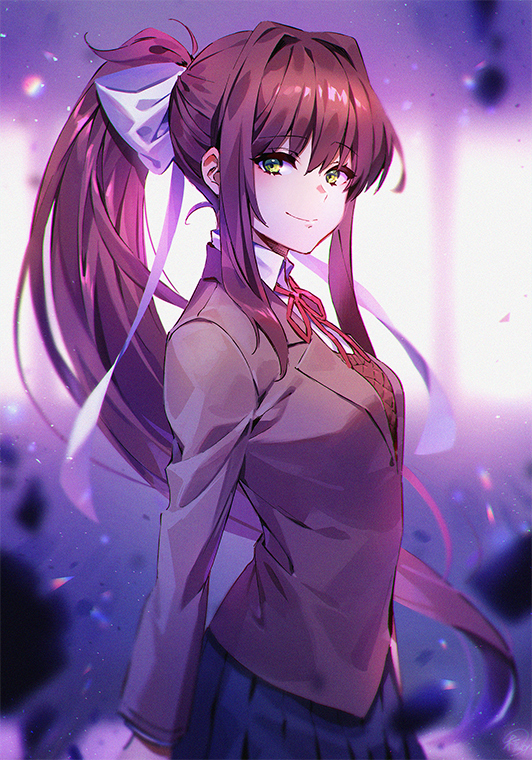 1girl, blazer, blue_skirt, blurry, blurry_background, bow, brown_hair, brown_jacket