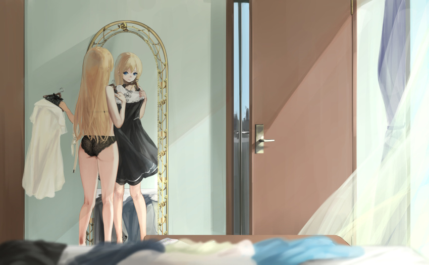 1girl, ass, black_bra, black_dress, black_panties, blue_eyes, blurry, bra