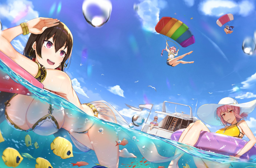 armlet, astolfo_(fate), bikini, blue_sky, boat, braid, breasts, brown_hair