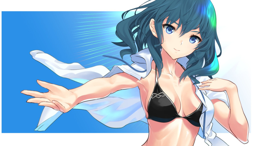 1girl, bikini, blue_eyes, blue_hair, blush, breasts, byleth_(fire_emblem), byleth_eisner_(female)