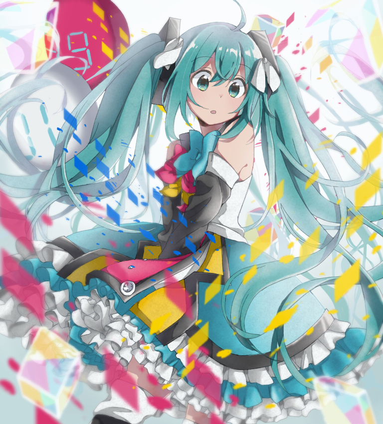 39, ahoge, aqua_bow, aqua_eyes, aqua_hair, balloon, bare_shoulders, between_legs