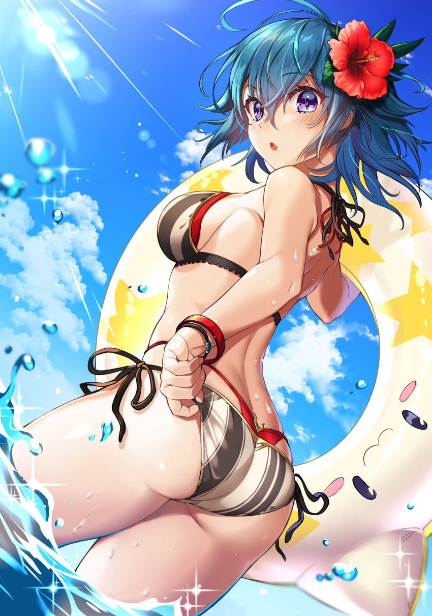 1girl, bikini, bikini_tug, flower, gen_(gen_m_gen), green_hair, hair_between_eyes, hair_flower, hair_ornament, highres, innertube, innertube_with_ears, layered_bikini, open_mouth, puzzle_&amp;_dragons, short_hair, side-tie_bikini, striped, swimsuit, tamadra, vertical-striped_bikini, vertical_stripes, violet_eyes, water, zela_(p&amp;d)