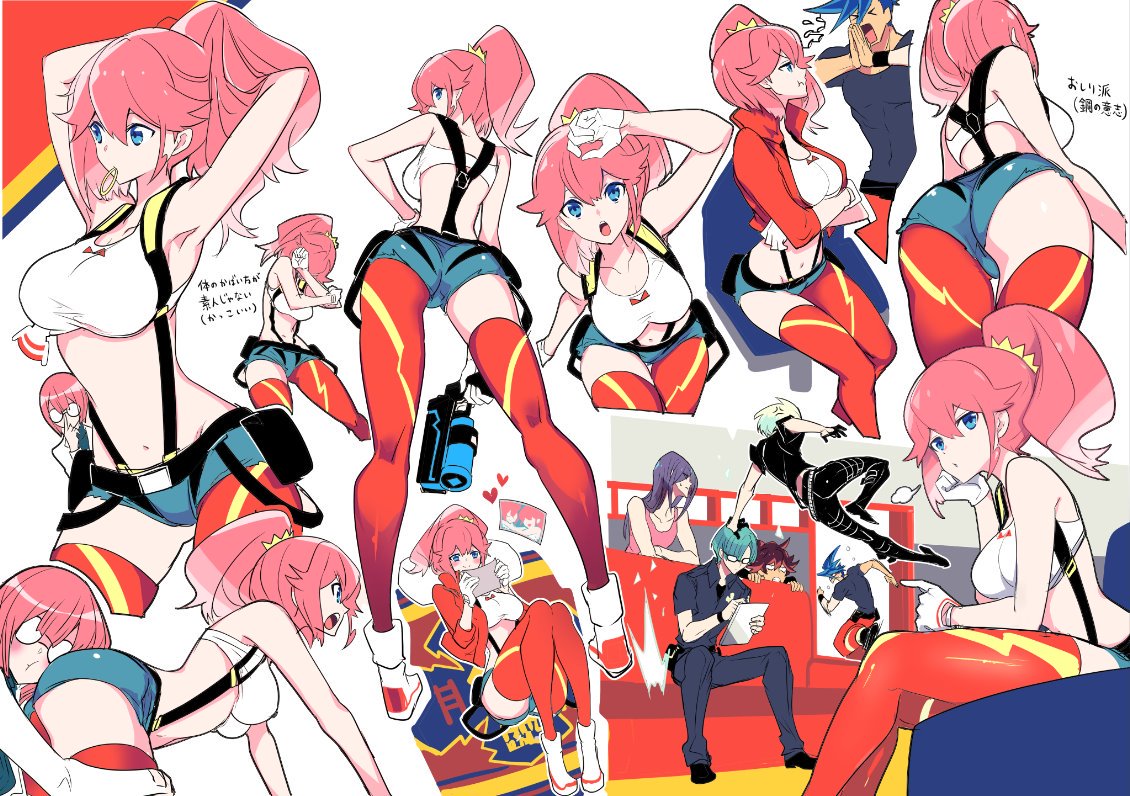 aina_ardebit, blue_eyes, blush, crossed_arms, expressions, galo_thymos, gloves, gueira, heris_ardebit, jacket, lio_fotia, manbou_no_ane, meis_(promare), midriff, multiple_views, open_mouth, pink_hair, promare, remi_puguna, shorts, side_ponytail, smile, suspenders, thigh-highs