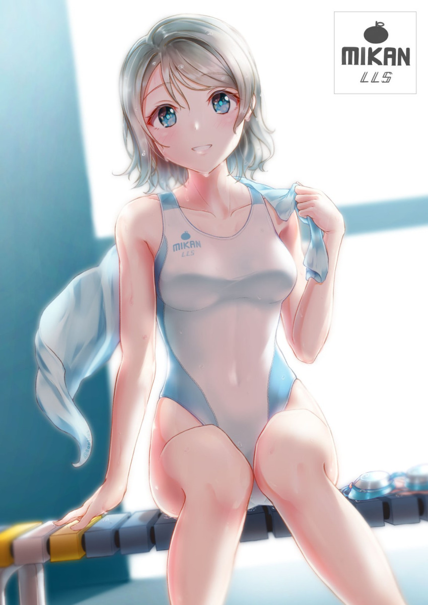 1girl, artist_logo, bench, blue_eyes, breasts, collarbone, commentary_request, competition_swimsuit, covered_navel, dutch_angle, feet_out_of_frame, grey_hair, highleg, highleg_swimsuit, highres, looking_at_viewer, love_live!, love_live!_sunshine!!, medium_breasts, one-piece_swimsuit, short_hair, sitting, solo, swimsuit, toine, towel, watanabe_you, wet, white_swimsuit, white_towel