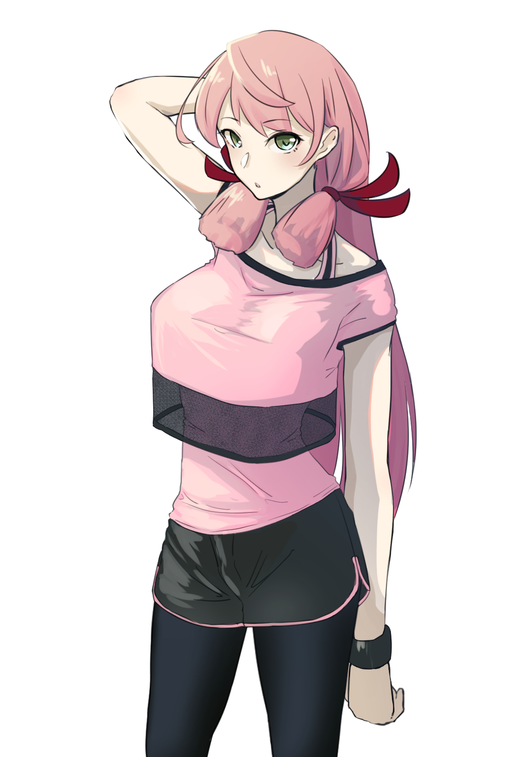 1girl, akashi_(kantai_collection), alternate_costume, black_shorts, black_wristband, cowboy_shot, crop_top, crop_top_overhang