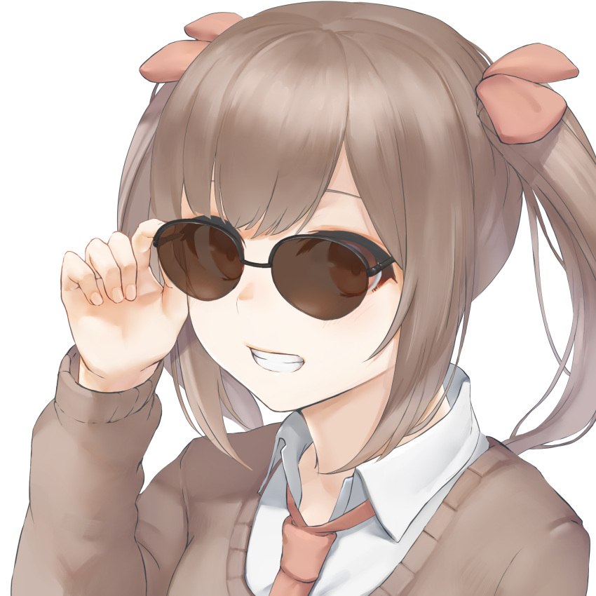 1girl, :d, brown_hair, brown_sweater, collared_shirt, grin, hair_ornament, hand_on_eyewear